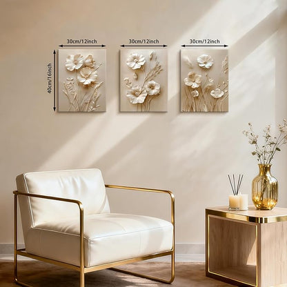 WENGTIAO 3Pcs Beige Flower Canvas Wall Art Prints Neutral Floral Plant Wall Painting Minimalist Botanical Blossom Poster Picture Vintage Artwork Home Decor for Living Room Bedroom Office 12”x16”x3Pcs
