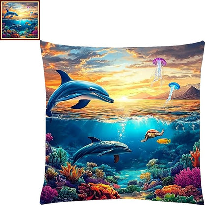 Lovxvouy Pillow Cross Stitch Kits for Adults Beginners-Preprinted Needlepoint Kit Stamped Crossstitching Kits 11CT Cross-Stitch Kit Stitches Kit Embroidery Kits-Dolphin Underwater World 18x18 inchs
