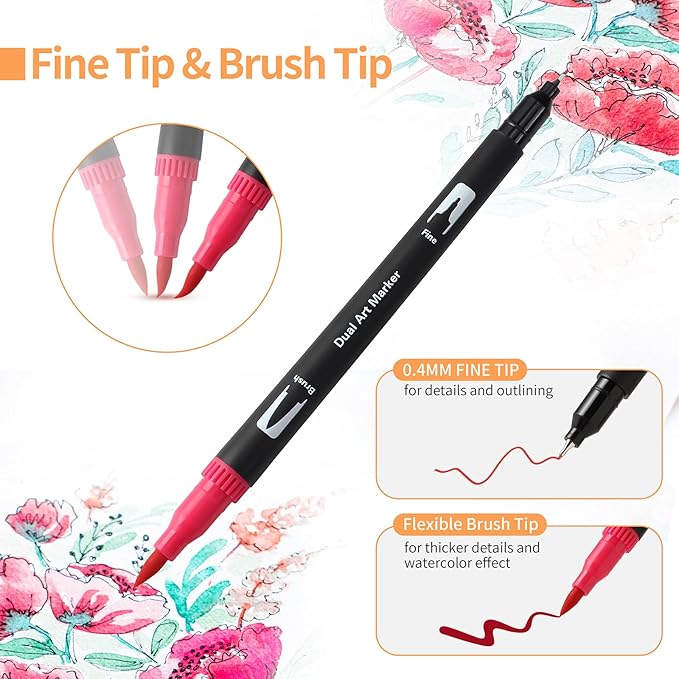 Peablce Art Markers Brush Pen, Markers for Adult Coloring Books No Bleeding,32 Colored Pens Fine Point Highlighter Pen & Brush for Adult Coloring Journaling Note Taking Planner