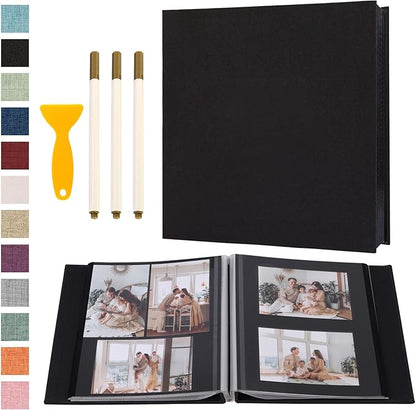 Photo Album Self Adhesive Pages Black Sticky Pages Large Scrapbook Linen Cover for 4x6 5x7 8x10 Pictures Album de Fotos Wedding Couples Baby Family Memory Book, 13.2x12.8 Black 120 Pages