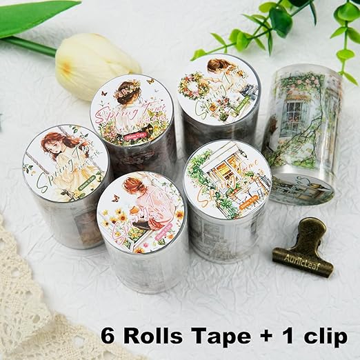 AuriicLeaf Spring PET Tape Set, 6 Rolls Pre-Cut Aesthetic Stickers for Scrapbooking, Journaling, DIY Crafts, and Collage Art