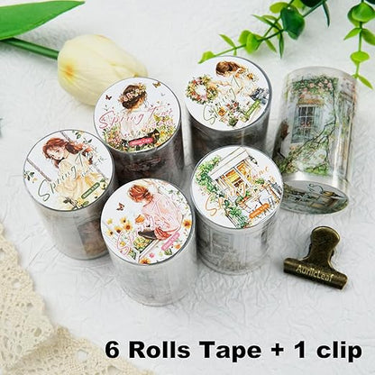 AuriicLeaf Spring PET Tape Set, 6 Rolls Pre-Cut Aesthetic Stickers for Scrapbooking, Journaling, DIY Crafts, and Collage Art