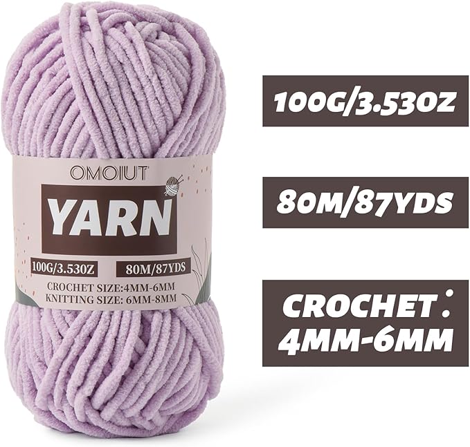 Fluffy Chenille Yarn for Crocheting - Baby Yarn for Crocheting Soft Blanket - 3 Pack of 100g/(87.4yds) Crochet Amigurumi Chunky Yarns - Super Bulky 5 Velvet Yarns (3 Light Purple)