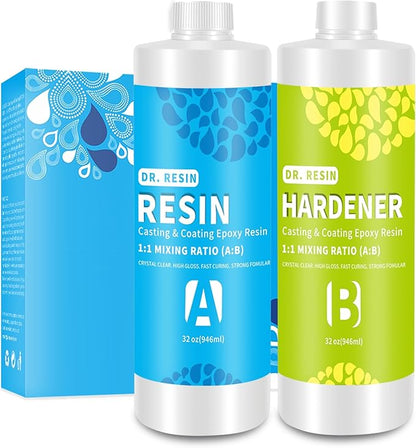 DR. RESIN 64oz Crystal Clear Epoxy Resin Kit, No Yellowing, Self-Leveling, Bubble Free 2 Part Art Resin Kit for Jewelry Tabletop DIY Craft