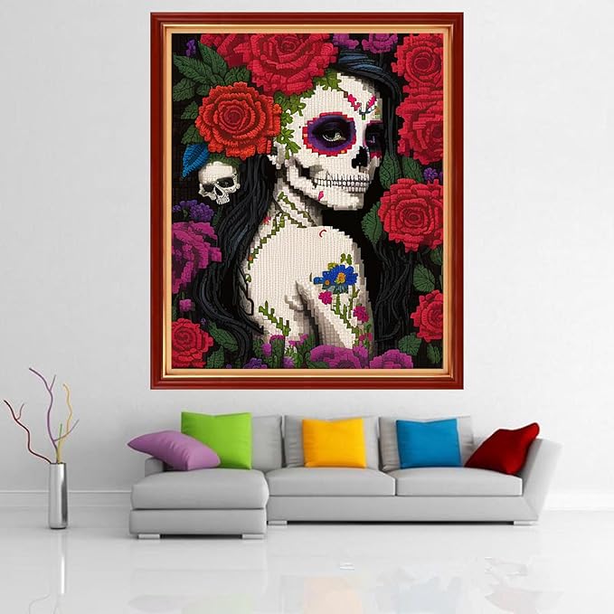 Dimensean Stamped Cross Stitch Kits Full Range of Embroidery Patterns Starter Kits for Beginners Adult DIY Cross Stitches Needlepoint Kit 11CT-Flower Skeleton Girl 16x20 inch