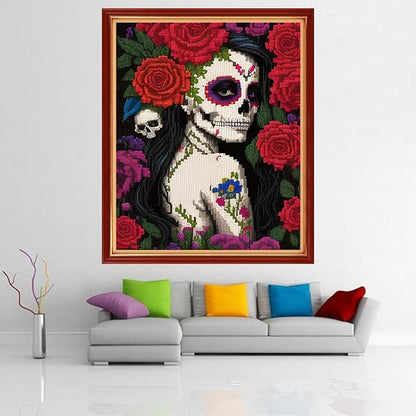 Dimensean Stamped Cross Stitch Kits Full Range of Embroidery Patterns Starter Kits for Beginners Adult DIY Cross Stitches Needlepoint Kit 11CT-Flower Skeleton Girl 16x20 inch