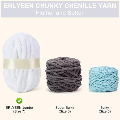 ERLYEEN Chenille Chunky Yarn Super Bulky Soft Thick Fluffy Jumbo Giant Washable Polyester Big Yarn DIY for Arm Knit Blanket Cushion Bed Sofa Home Decor,White,1.1LB