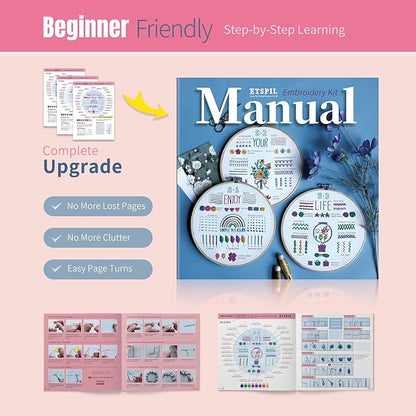 ETSPIL 3 Pack Embroidery Kit for Beginners and Adults,Learn 33 Stitches with DIY Stamped Flower Patterns – Includes Hoop, Color Threads, Tools, and Step-by-Step Instructions with Video Tutorials
