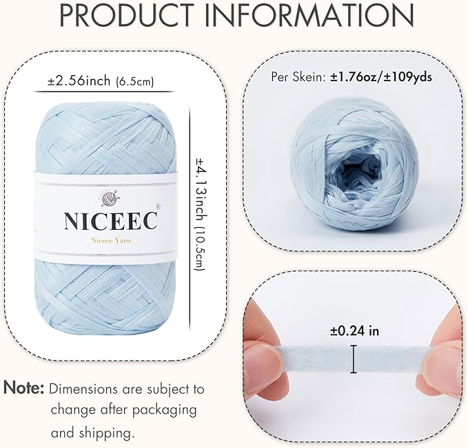 NICEEC 2 Skeins Soft Tape Yarn for Crocheting Craft Paper Yarn Easy Crochet Raffia Yarn Ribbon Yarn for DIY Craft Gift Wrapping Total Length 1.76oz×2/109yds×2-Misty Blue