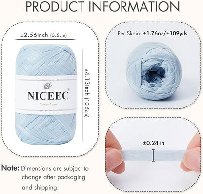 NICEEC 2 Skeins Soft Tape Yarn for Crocheting Craft Paper Yarn Easy Crochet Raffia Yarn Ribbon Yarn for DIY Craft Gift Wrapping Total Length 1.76oz×2/109yds×2-Misty Blue