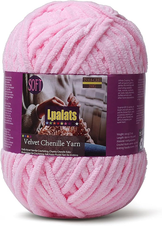 Baby Blanket Yarn for Crocheting - 1 Pack of 200g/7oz Chunky Chenille Yarn for Knitting Blankets Amigurumi - #6 Super Bulky - 174 Yards Soft Thick Plush Yarns (1, Pale Pink)