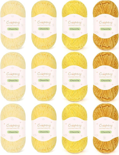 Coopay Skinny Chenille Yarn for Crocheting and Knitting, 12 Pack of 50g/1.76oz-1764yd Total, Soft Velvet Yarn of Baby Weights - Suitable for Baby Blankets, Plush Toys - Super Soft (Yellow Gradient)