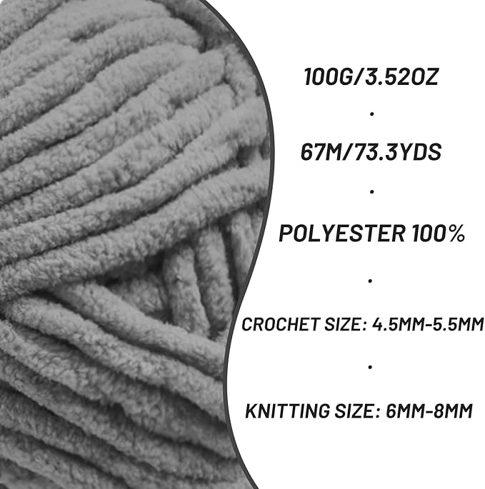 Chunky Chenille Yarn for Crocheting，Baby Yarn for Crocheting Soft Blankets，Bulky Yarns for Crochet Amigurumi，100g (74.3yds) Fluffy Velvet Yarns for Hand Knitting (Dark Gray)