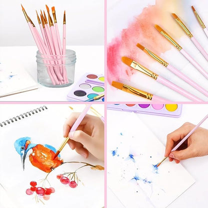 Acrylic Paint Brush Set, (20 Packs /200 pcs) Nylon Hair Brushes for Oil and Watercolor, Perfect Suit of Art Painting, Best Present for Painting, Pink
