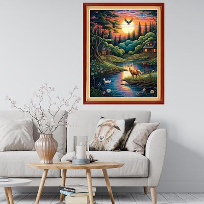 Findvoor Stamped Cross Stitch Kits for Beginner Embroidery Kits for Beginners Adults DIY 11CT Cross Stitch Patterns Needlepoint Kits Crossstitching Kits-Night View of The Creek 16x20 inch