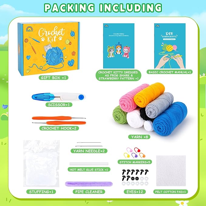 Crochet Kit for Beginners - 3 PCS Crochet Kits with Step-by-Step Video Tutorials, Beginner Crochet Kit for Adults, Crochet Animal Kit for Starters, Cat Dressed as Shark Frog Strawberry