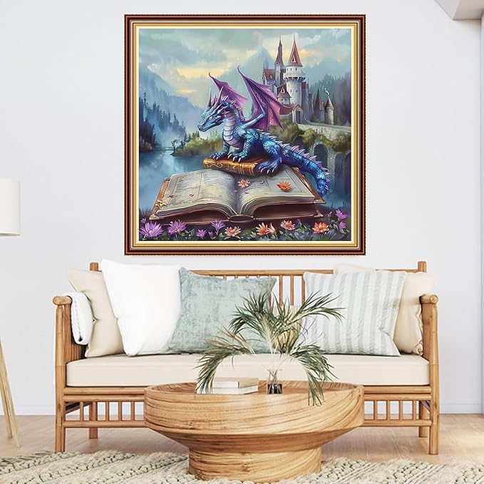 DMCVIVR Stamped Cross Stitch Kits for Adults Beginners Embroidery Kits 11CT Needlepoint Kits Cross Stitch Patterns Embroidery Patterns-Wing Dragon Castle Book Flower Street 18x18 inch