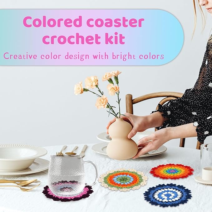 Tavkite Crochet Kit for Beginners, 4 Pack Coasters Crochet Starter Kit with Instructions and Video Tutorials, Easy to Learn Crochet Kits for Adults, Knitting Kit for Beginner DIY Craft