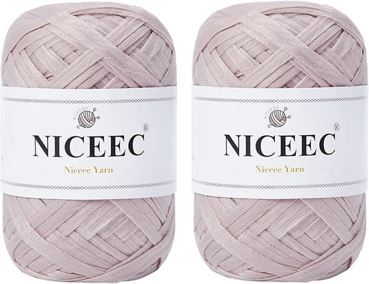 NICEEC 2 Skeins Soft Tape Yarn for Crocheting Craft Paper Yarn Easy Crochet Raffia Yarn Ribbon Yarn for DIY Craft Gift Wrapping Total Length 1.76oz×2/109yds×2-Pinkish Purple