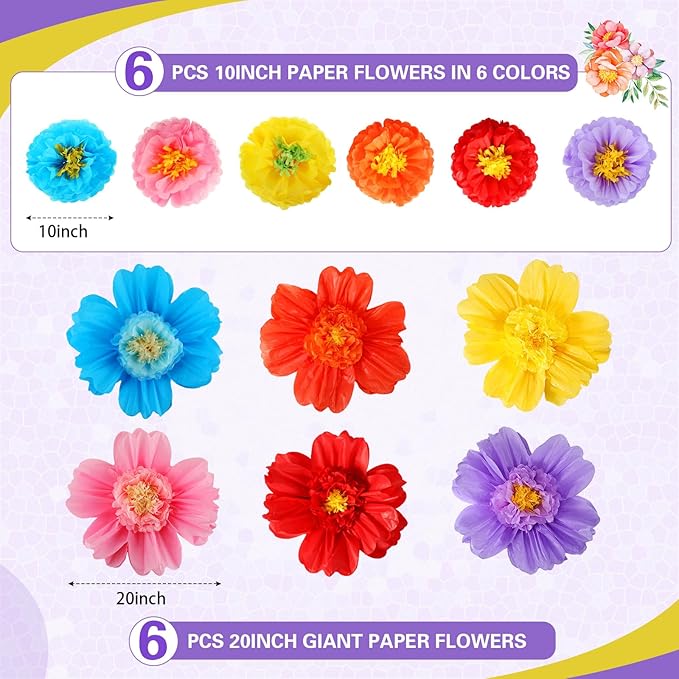 Crowye 12 Pcs Large Colorful Tissue Paper Flowers Decorations 20 Giant Fiesta Craft Crepe Paper Flowers for Wall Decor Backdrop Mexican Wedding Birthday Carnival Party (Cute Color)