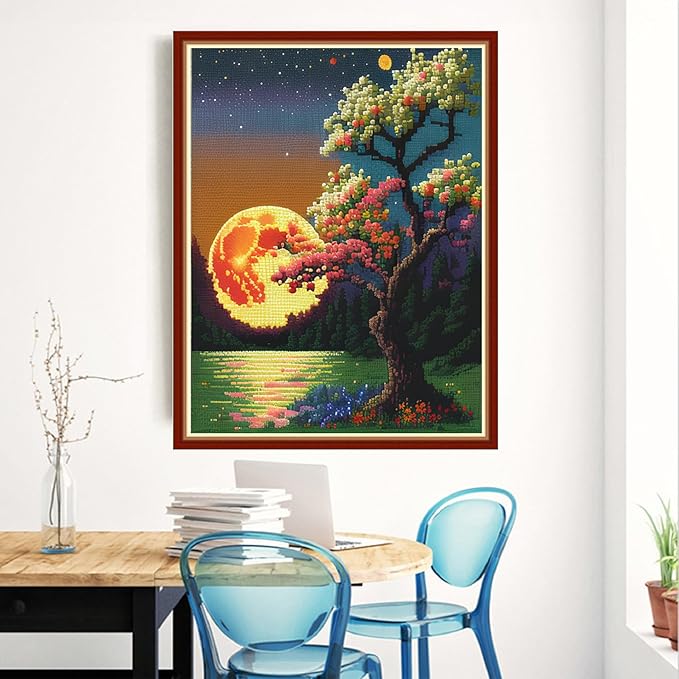 Redxing Cross Stitch Kit for Beginners Adults, 11CT Moonlight Scenery Stamped Kits Embroidery DIY Needlepoint Art Craft Kit, 15.7x19.7 inch