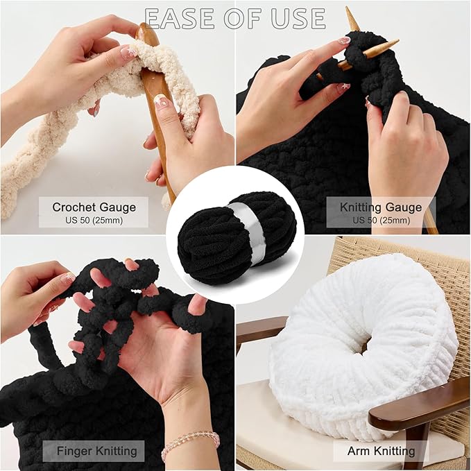 ERLYEEN Chenille Chunky Yarn Super Bulky Soft Thick Fluffy Jumbo Giant Washable Polyester Big Yarn DIY for Arm Knit Blanket Cushion Bed Sofa Home Decor,Black,0.55LB