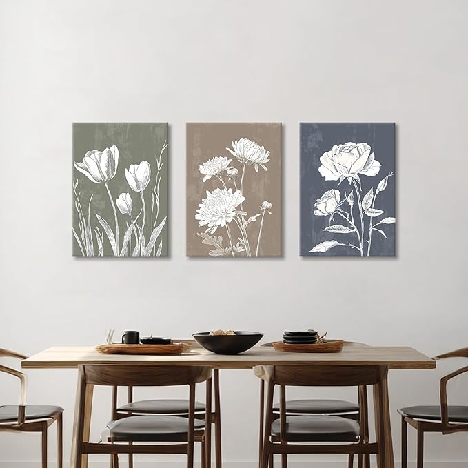 3 Pcs Boho White Flowers Botanical Canvas Wall Art Wooden Rustic Minimalist Farmhouse Floral Wall Paintings Vintage Blossom Picture Artwork Wall Decor for Bedroom Living Room Reay to Hang 16"x24"x3