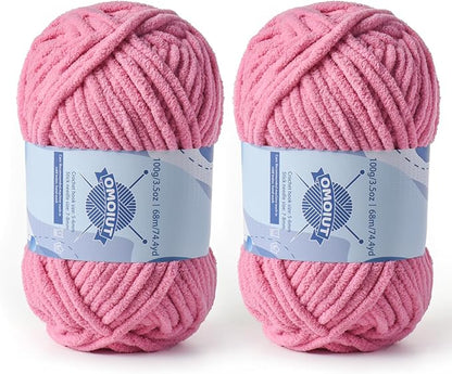 Chunky Chenille Yarn for Crocheting，Baby Yarn for Crocheting Soft Blankets，Bulky Yarns for Crochet Amigurumi，2×100g (2×74.3yds) Fluffy Velvet Yarns for Hand Knitting (2 Deep Pink)