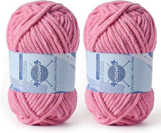 Chunky Chenille Yarn for Crocheting，Baby Yarn for Crocheting Soft Blankets，Bulky Yarns for Crochet Amigurumi，2×100g (2×74.3yds) Fluffy Velvet Yarns for Hand Knitting (2 Deep Pink)