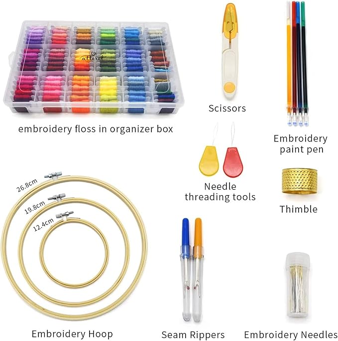 ATTERET Full Range Embroidery and Cross Stitch Starter Kit with Premium Storage Organizer Bag, Includes 99 DMC Coded Cotton Threads, 9 Metallic Floss, 3 Hoops, Needles, Scissors + More (Floral)