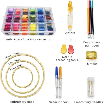 ATTERET Full Range Embroidery and Cross Stitch Starter Kit with Premium Storage Organizer Bag, Includes 99 DMC Coded Cotton Threads, 9 Metallic Floss, 3 Hoops, Needles, Scissors + More (Floral)