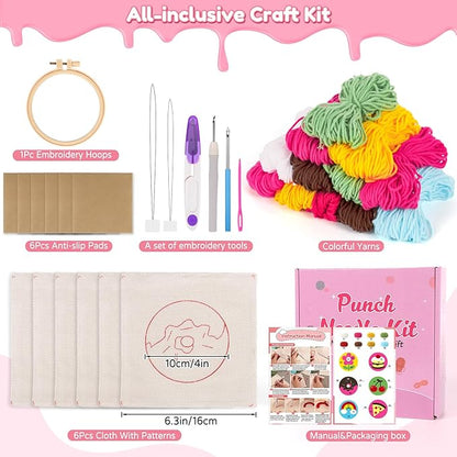 Sukhumvit 6PCS Punch Needle Coaster Kit, Beginners Punch Needle Set with 6 Tufted Patterns, Yarns, Hoop & Adhesive Pads, Starter Embroidery Coasters Kit for DIY Tufted Crafts Gifts