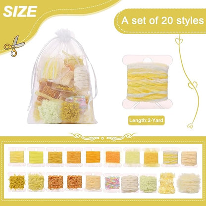 20 Pcs of 2-Yard Original Art Yarns - for DIY Art Yarns for Jewelry Making, Junk Magazines, Knitting, Crafts, Textile Decorative, Tassels, Vintage Yarn Card Making (Yellow)