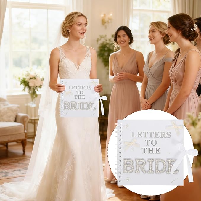 Letters to The Bride Scrapbook Kit - 8x8 Inch Wedding Memory Book & Guest Book with “BRIDE” Pearl Letters, Bows & Heart Stickers - DIY Wedding Memory Album for Bridal Shower, Engagement Gift