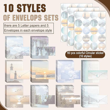 TaoBary 160 Pcs Stationery Paper Set 50 Double Sided Stationery Papers with 50 Matching Envelopes and 60 Round Dot Sticker, 10 Design(Natural Scenery,8.5 x 11 Inch)