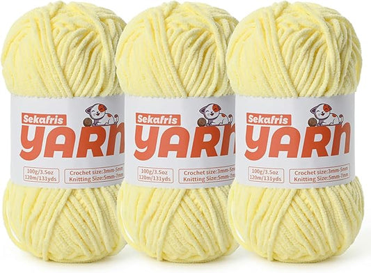 3 Pack Plush Chunky Chenille Yarn for Crocheting, Soft Fluffy Velvet Yarn for Crocheting, Fuzzy Baby Blanket Knitting Yarn, 300g/393yds Bulky Amigurumi Yarns（3 Lemon Yellow）