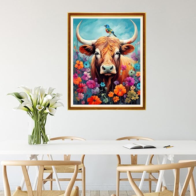 Joycasa Stamped Cross Stitch Kits for Beginners Full Range of Cross Stitching 11 CT Printed Cross Stitch Kit for Adults Cross-Stitch Patterns Needlepoint Kits-Colorful Flower Cow 16x20 inchs