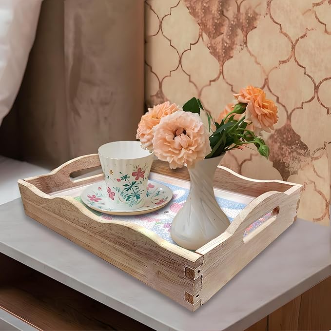 FGbaby DIY 5D Easter Bunny Diamond Painting Wood Serving Tray with Handles Diamond Art Decorative Serving Trays Wooden Tray for Breakfast in Bed, Patio, BBQ, Coffee Table, Party –Great for Lap & Couch
