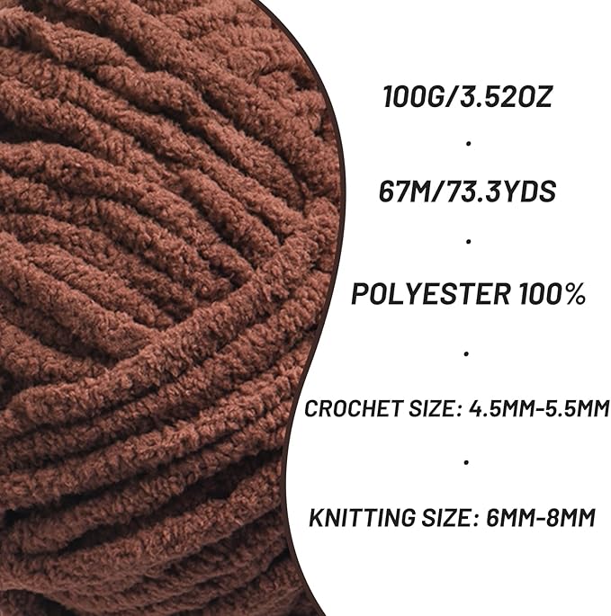 Chunky Chenille Yarn for Crocheting，Baby Yarn for Crocheting Soft Blankets，Bulky Yarns for Crochet Amigurumi，100g (74.3yds) Fluffy Velvet Yarns for Hand Knitting (Deep Coffee)