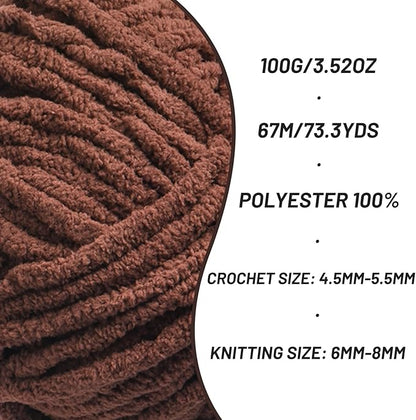 Chunky Chenille Yarn for Crocheting，Baby Yarn for Crocheting Soft Blankets，Bulky Yarns for Crochet Amigurumi，3×100g (3×74.3yds) Fluffy Velvet Yarns for Hand Knitting (3 Deep Coffee)