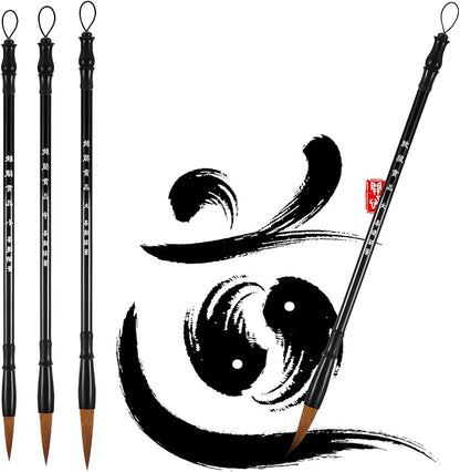 Zonon 3 Pieces Chinese Calligraphy Brush Pens Japanese Calligraphy Brush Sumi Drawing Brush Traditional Wooden Watercolor Ink Pens for Beginner Watercolor Painting Tools (3 Sizes)