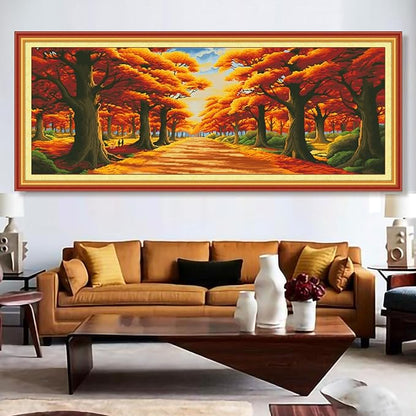 Zhenqing Golden Autumn Cross Stitch Kit – 11CT 152x60cm Large Aida Cloth with Maple Leaves & Stone Path – Warm-Toned Fall Landscape Wall Art Decor(64676)