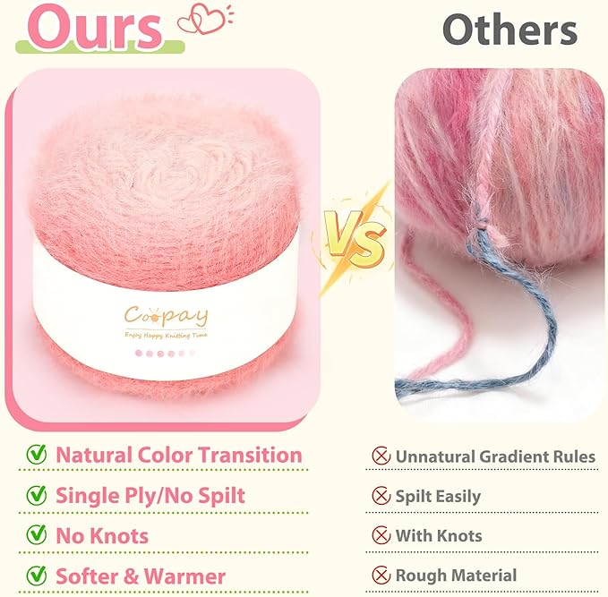 Coopay Ombre Yarn for Crocheting and Knitting - 4 Pack Dual Gradient Yarn Cake with Plush of 100g/3.52oz - 190m/207yds - 38% Wool, 40% Nylon, 22% Acrylic for Sweaters, Hats, Scarves (Pink Cherry)