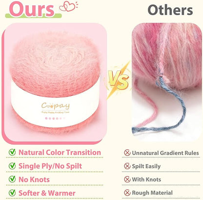 Coopay Ombre Yarn for Crocheting and Knitting - 4 Pack Dual Gradient Yarn Cake with Plush of 100g/3.52oz - 190m/207yds - 38% Wool, 40% Nylon, 22% Acrylic for Sweaters, Hats, Scarves (Pink Cherry)