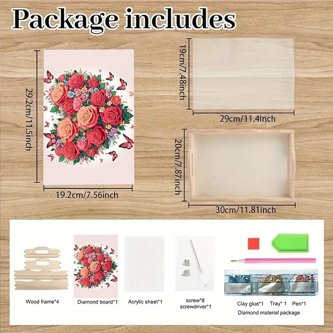 DoxQcs DIY Diamond Art Wooden Tray Kit Easter Food Tray with Handle Diamond Painted Table Decoration Tray for Breakfast Bar Dinner Table Diamond Art Painting for Beginners-Rose Heart