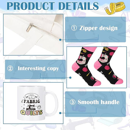 Baderke 6 Pcs Sewing Gifts for Seamstress Include Canvas Bag Cosmetic Bag 11 oz Coffee Mug Bookmark Socks and Pin Cushion for Quilters Sewing Lovers Christmas Gift