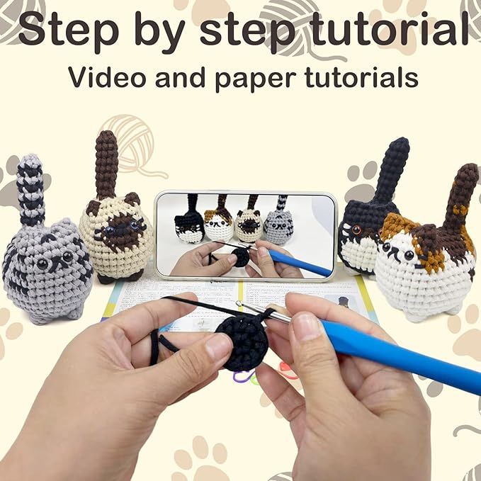 Utook Crochet Kit for Beginners, 4-Pack Crochet Animal Kit,Crochet Kits for Beginners Adults and Children, with Instructional Videos and Paper tutorials, Handmade Crafts, Holiday Gifts (Cat Family)