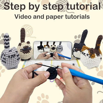 Utook Crochet Kit for Beginners, 4-Pack Crochet Animal Kit,Crochet Kits for Beginners Adults and Children, with Instructional Videos and Paper tutorials, Handmade Crafts, Holiday Gifts (Cat Family)