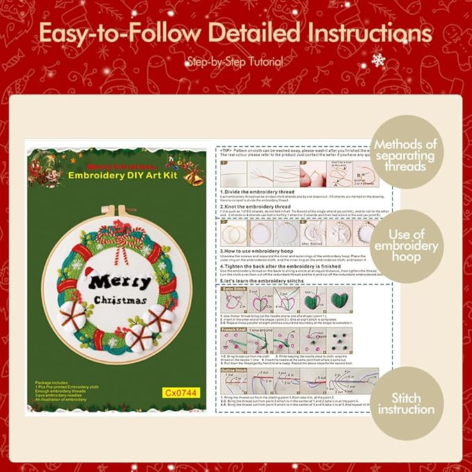 Christmas Embroidery Kits: 1 Pack Cross Stitch Kit for Beginners Adults, DIY Ornaments Craft Kit with All Tools & Instructions, Stamped Hand Embroidery Starter Kit for Holiday Crafts & Xmas Home Decor