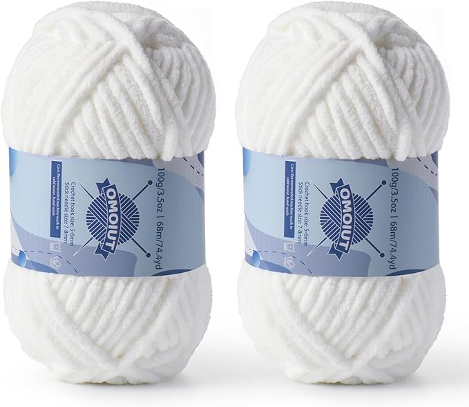 Chunky Chenille Yarn for Crocheting，Baby Yarn for Crocheting Soft Blankets，Bulky Yarns for Crochet Amigurumi，2×100g (2×74.3yds) Fluffy Velvet Yarns for Hand Knitting（2 White）